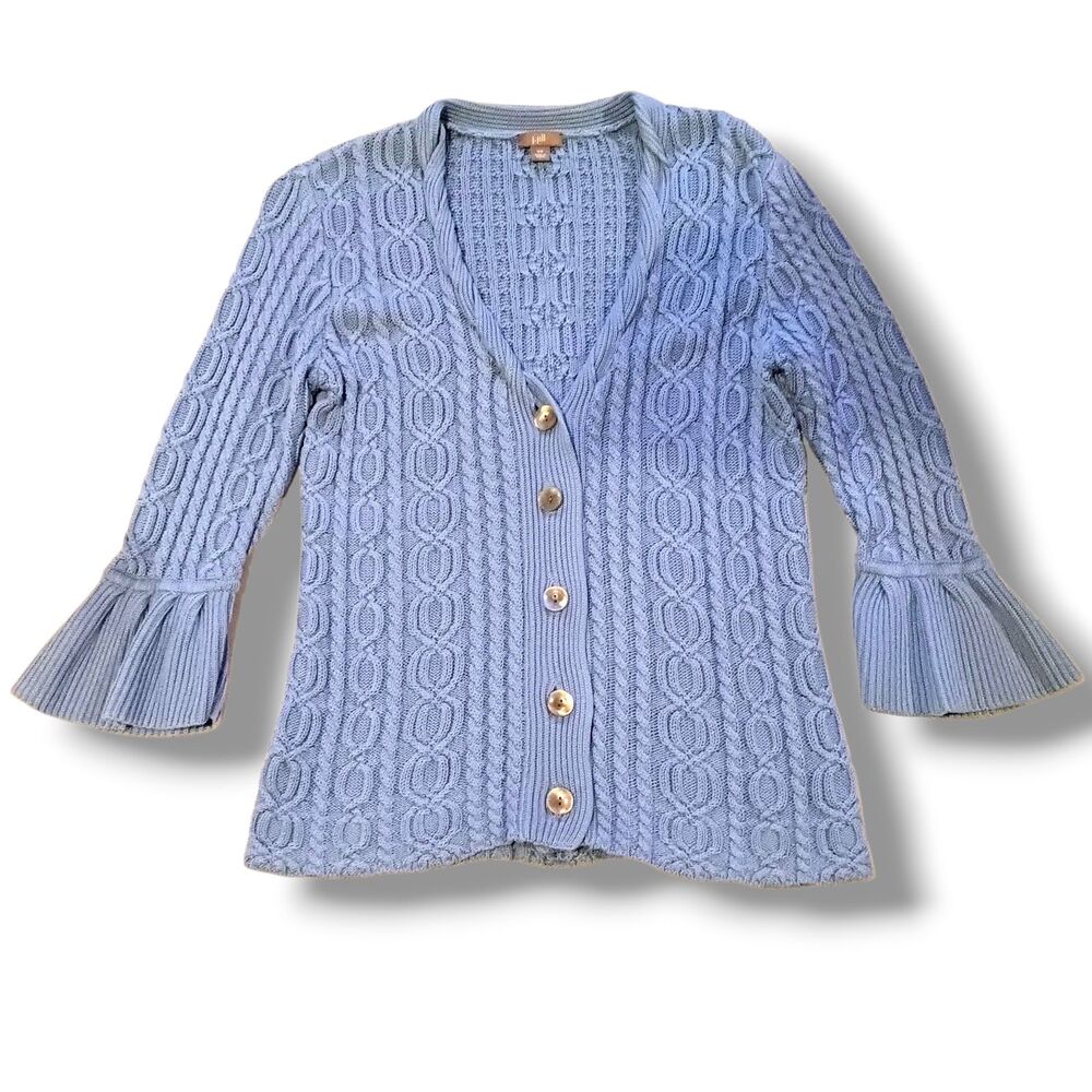 J Jill Cable Knit Button Front Cardigan-Size XS-Bell Sleeves-Lt Blue-Cottagecore